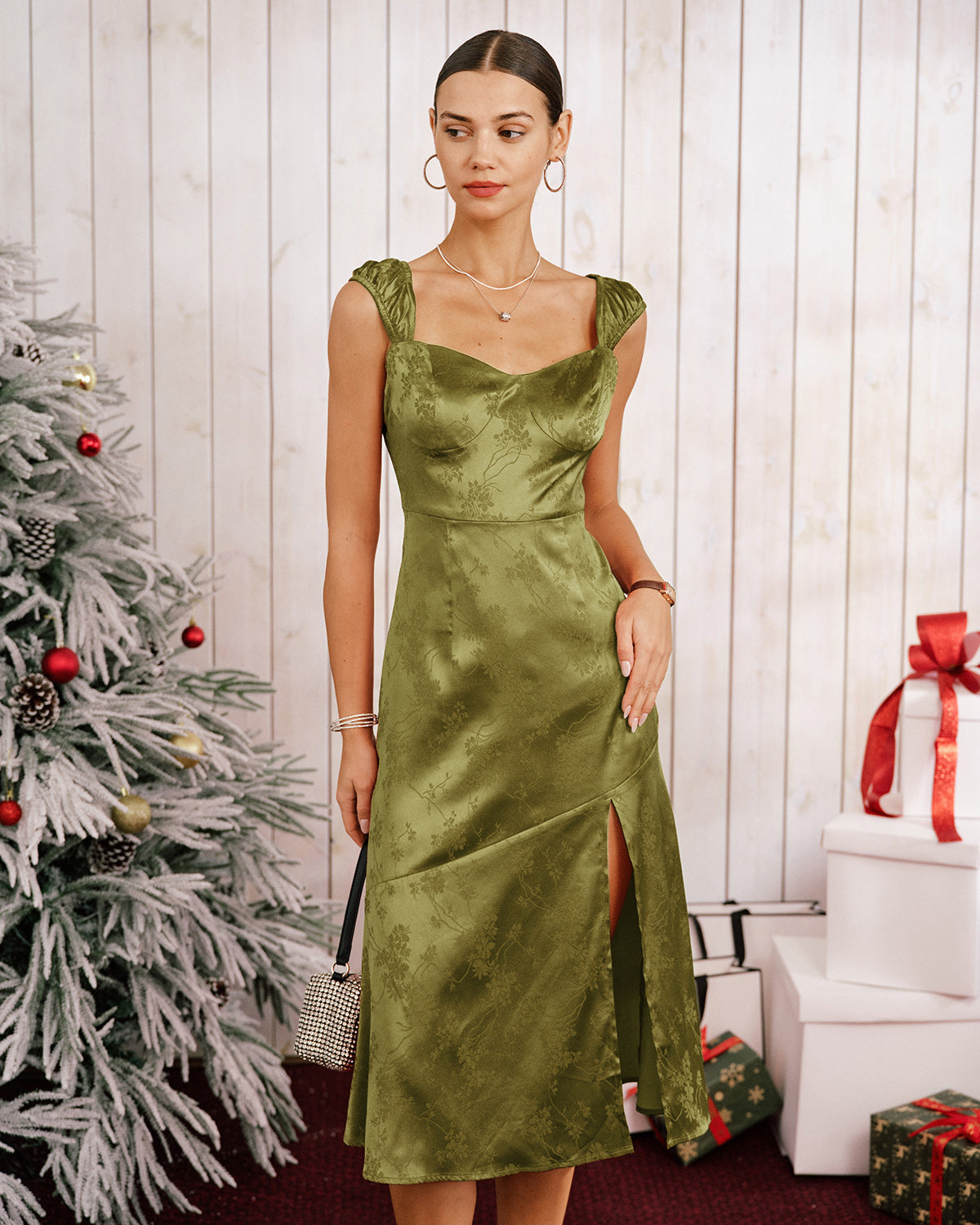 Women's Woven Polyester Midi Dress Green Dresses - RIHOAS