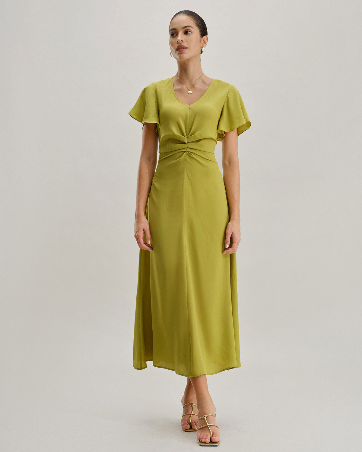 Green V Neck Ruffle Sleeve Midi Dress