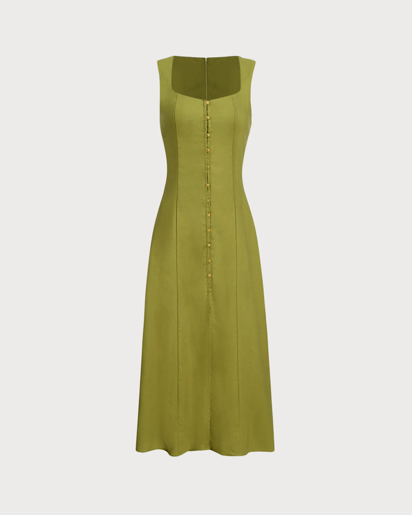 Women's Woven Polyester Midi Dress Green Dresses - RIHOAS