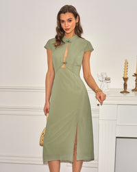 Women's Woven Polyester Midi Dress Green Dresses - RIHOAS
