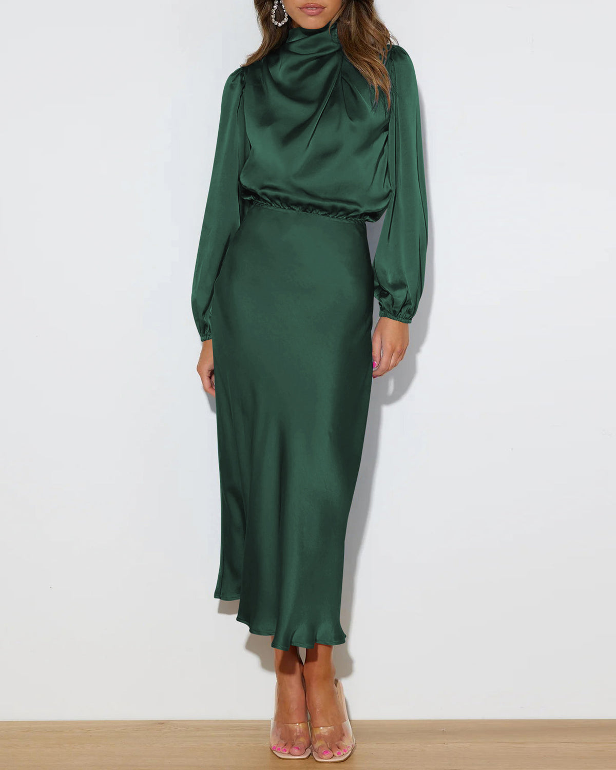 Women's Woven Polyester Midi Dress Green Dresses - RIHOAS