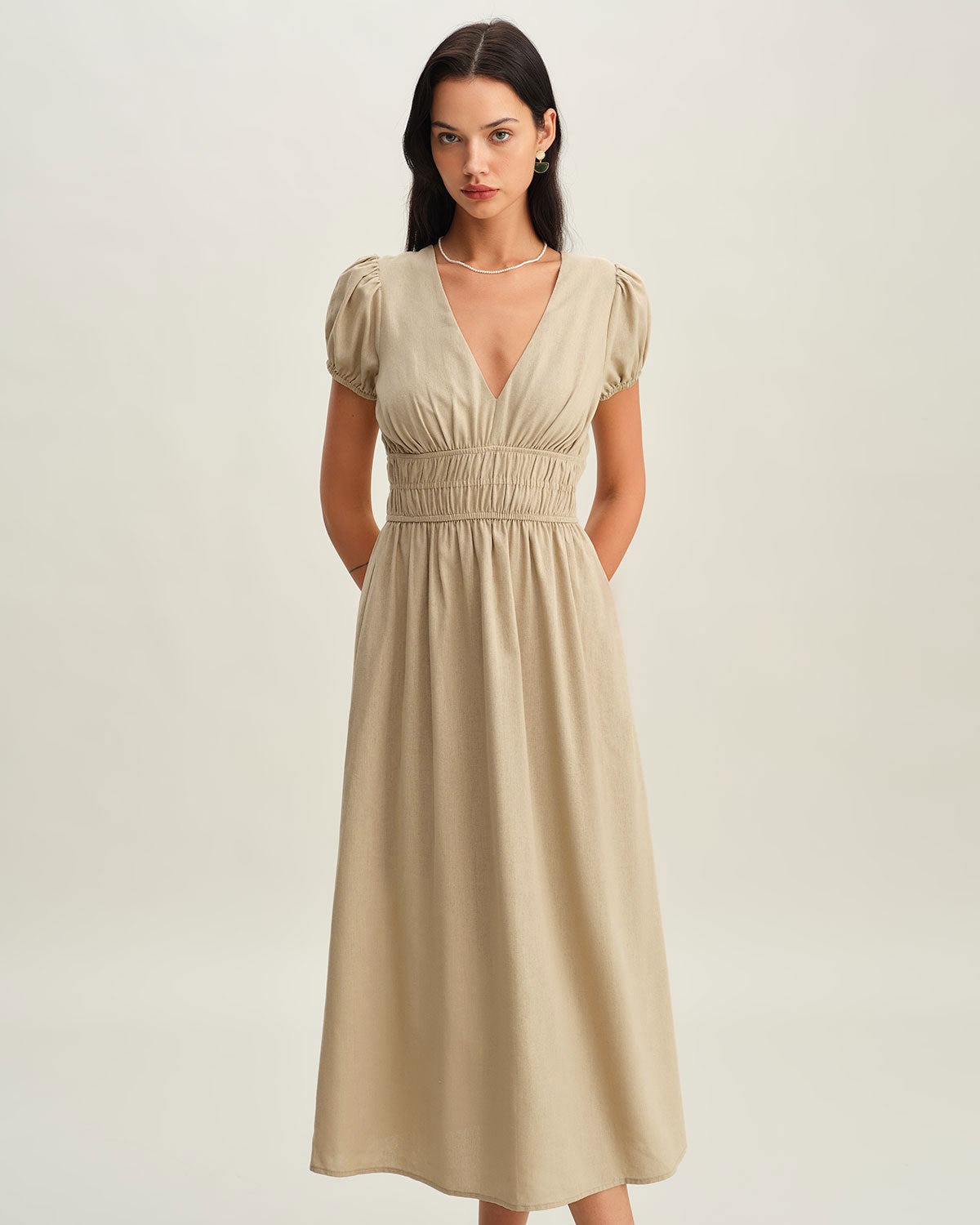 Beige Ruched Puffed Sleeve Midi Dress & Reviews - Beige - Dresses | RIHOAS Beige Ruched Puffed Sleeve Midi Dress & Reviews - Beige - Dresses | RIHOAS