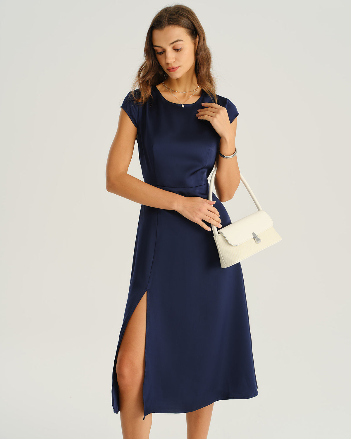 Women's Woven Polyester Midi Dress Navy Dresses - RIHOAS