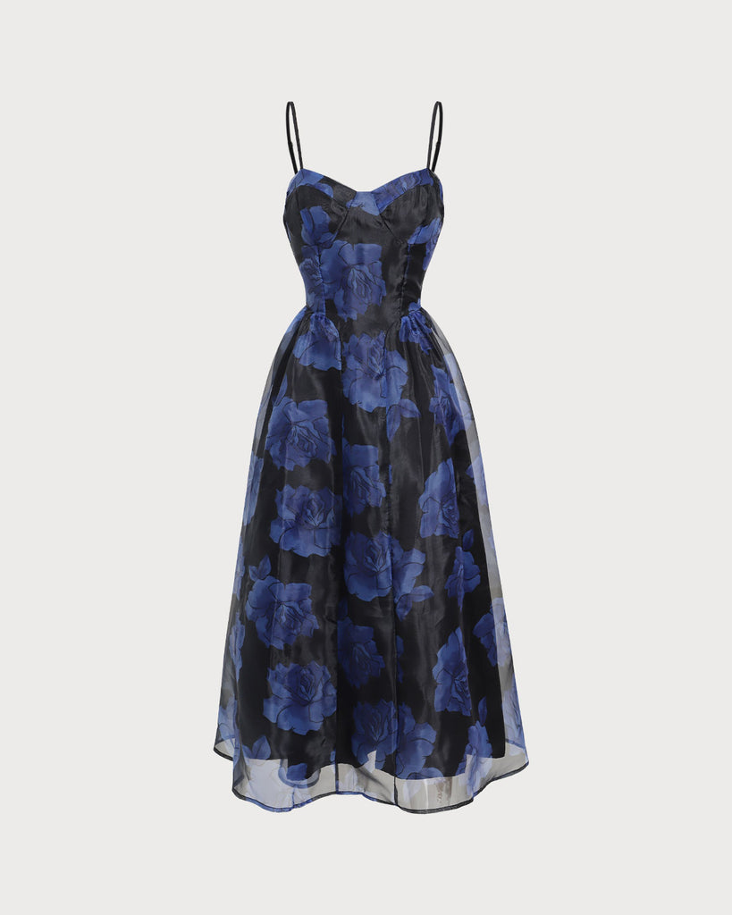 Navy Floral Sweetheart Neck Slip Midi Dress - RIHOAS