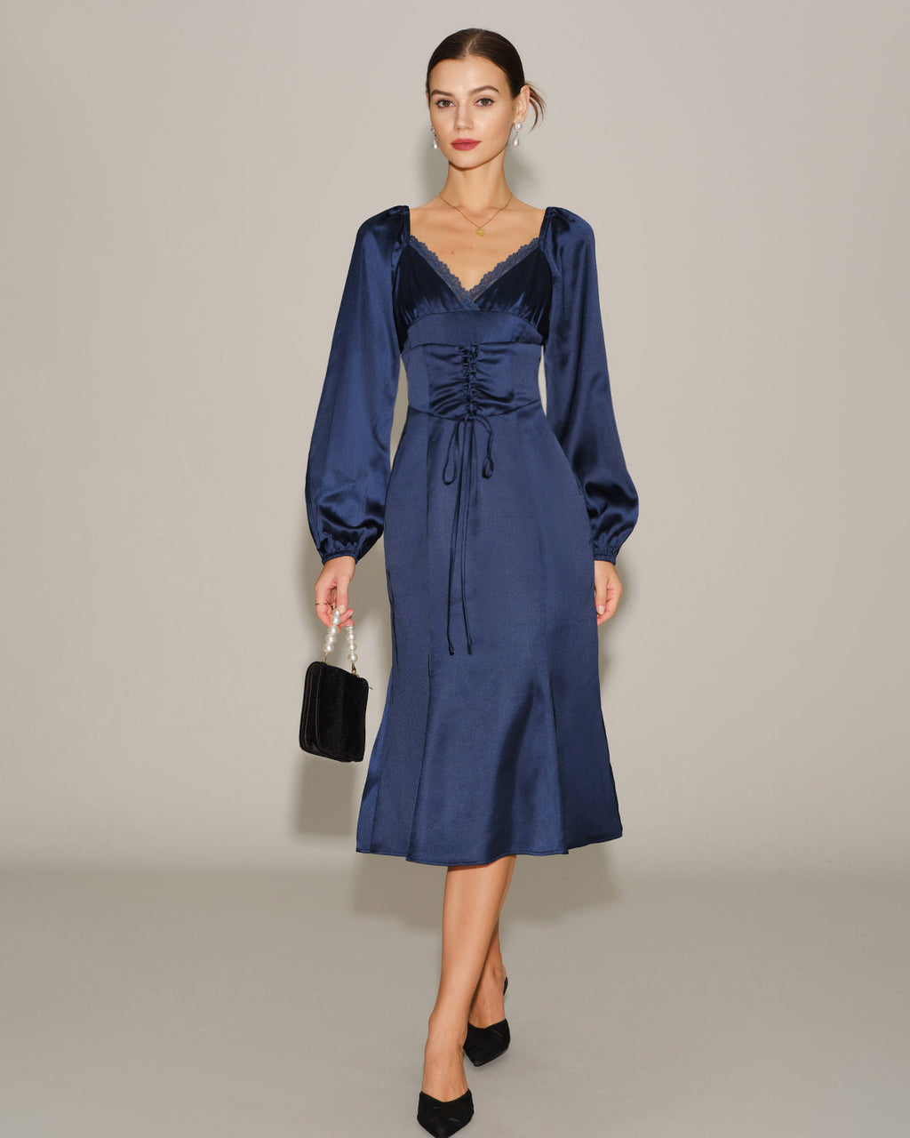 Women's Woven Polyester Midi Dress Navy Dresses - RIHOAS