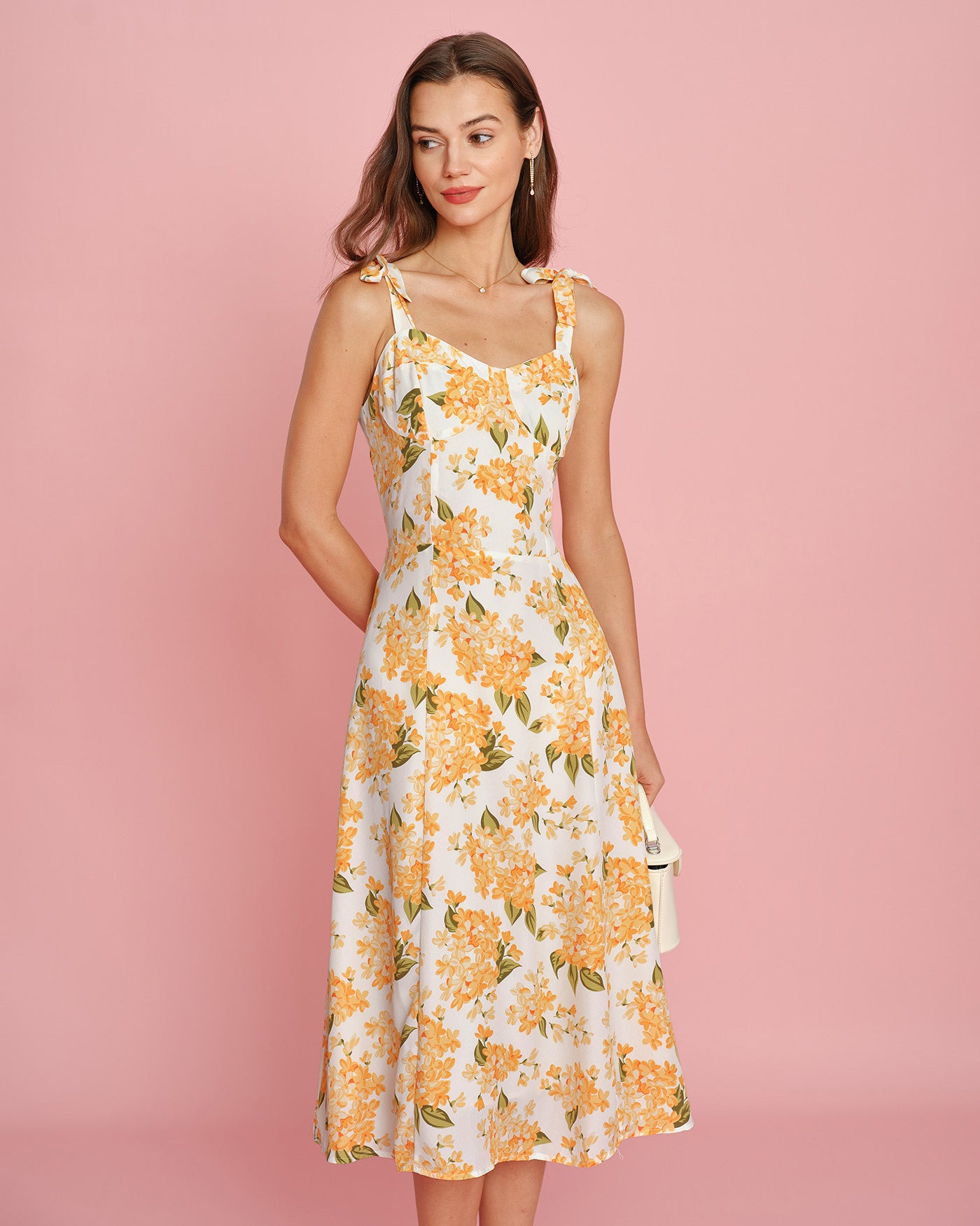 Rihoas Floral Tie Strap Midi Slip Dress | Shirred A-Line for Wedding Guest, Summer, Vacation, Orange / US|2 Rihoas Floral Tie Strap Midi Slip Dress | Shirred A-Line for Wedding Guest, Summer, Vacation, Orange / US|2