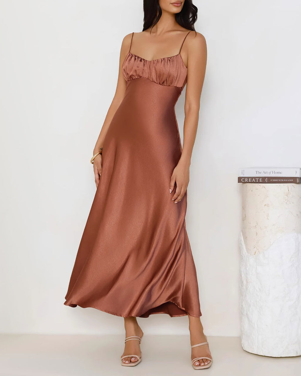 Women's Woven Polyester Midi Dress Orange Dresses - RIHOAS