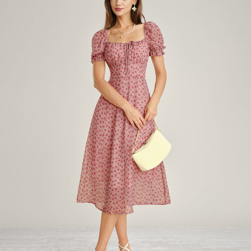 Pink square neck floral chiffon midi dress for soft neckline structure
