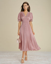 Women's Woven Polyester Midi Dress Pink Dresses - RIHOAS
