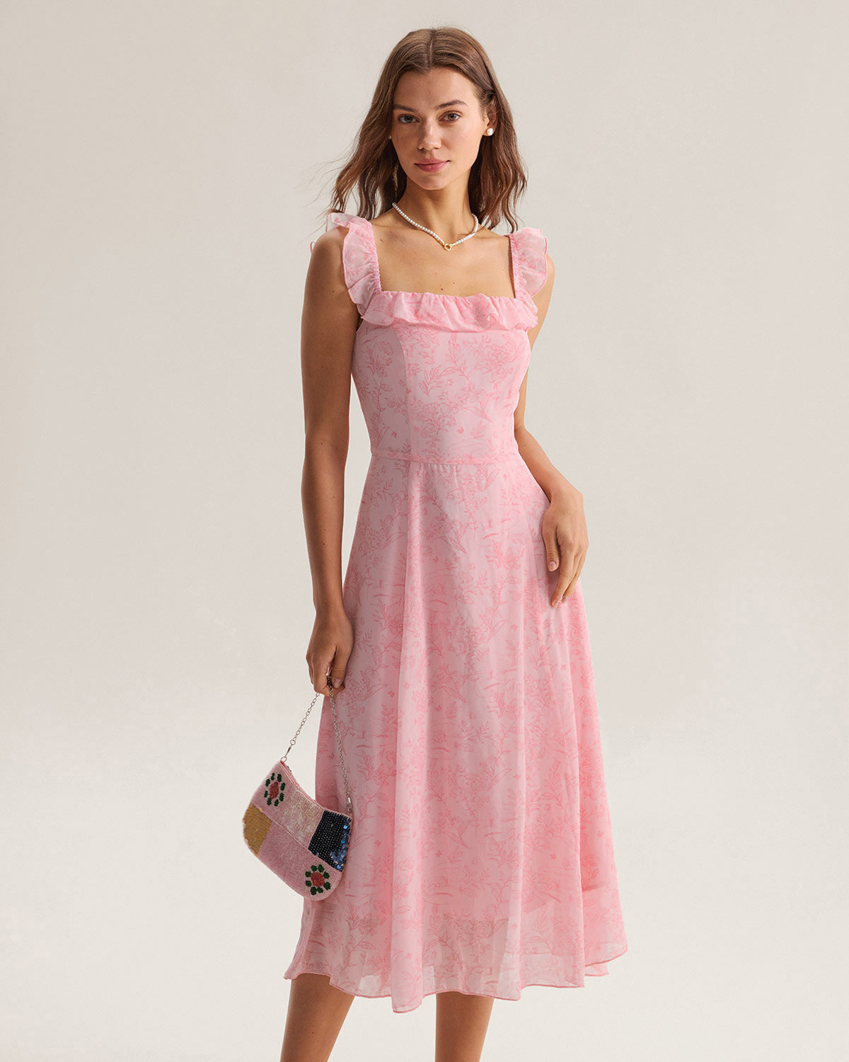 Women's Woven Polyester Midi Dress Pink Dresses - RIHOAS