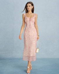 Women's Woven Polyester Midi Dress Pink Dresses - RIHOAS