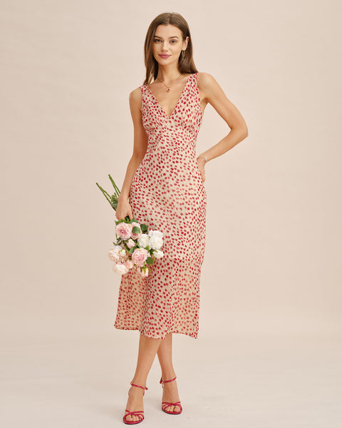 Pink V Neck Floral Midi Dress & Reviews - Pink - Dresses