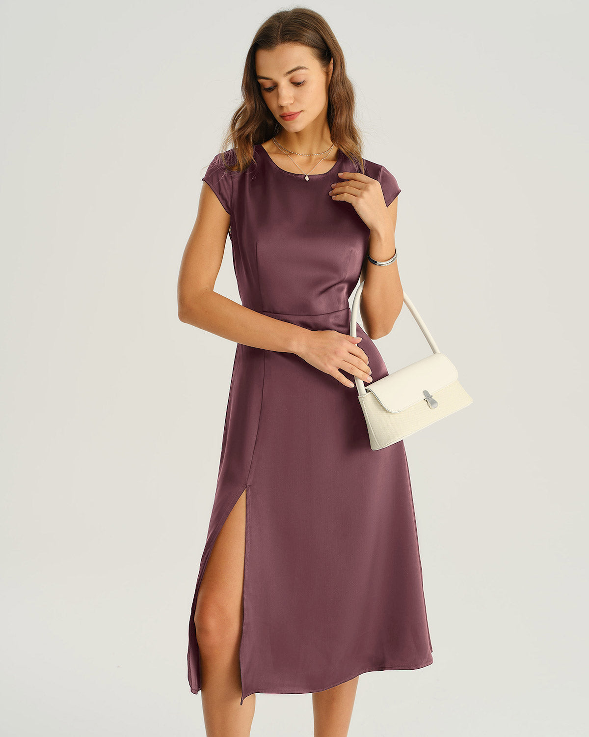 Women's Woven Polyester Midi Dress Purple Dresses - RIHOAS