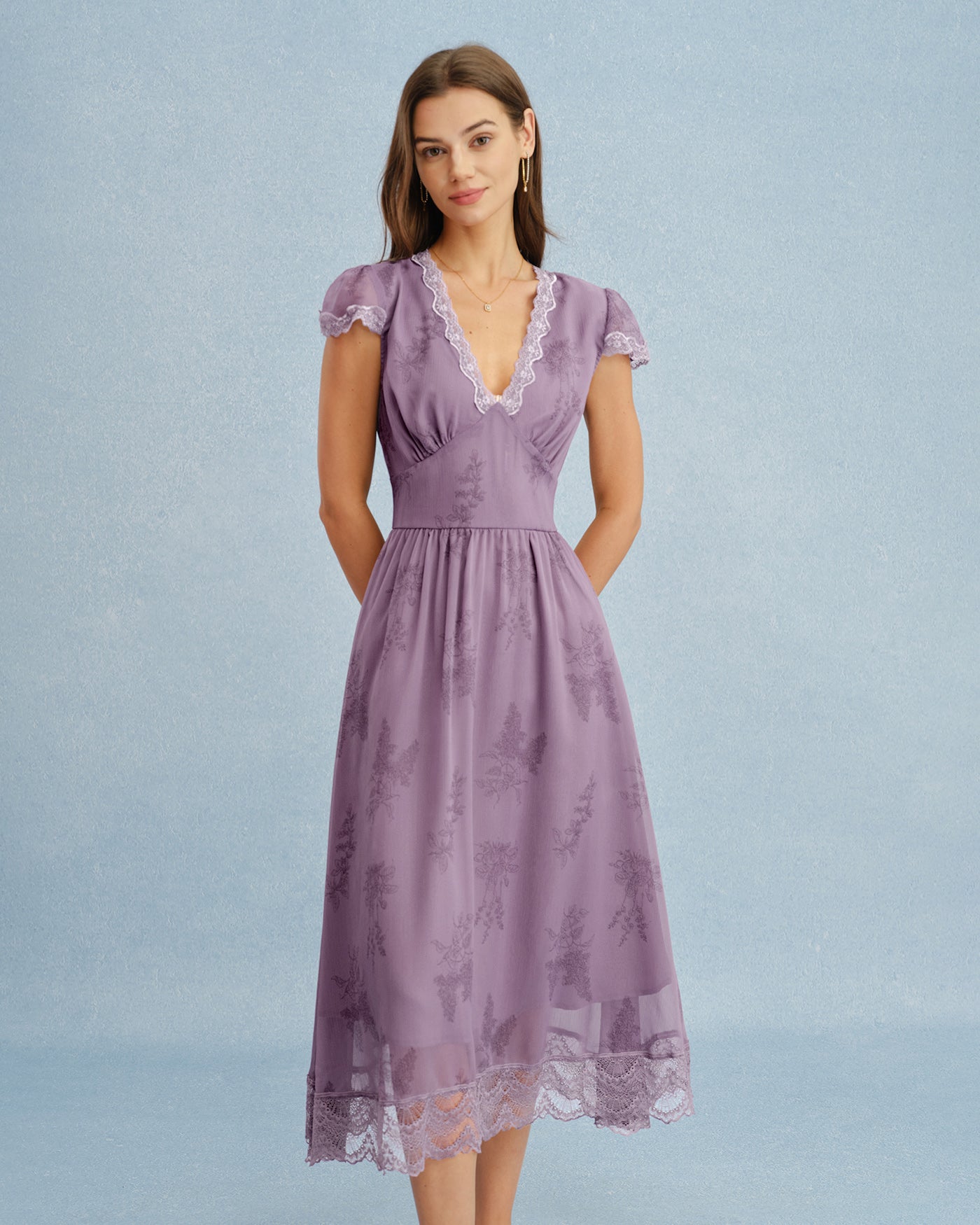 Rihoas Vintage Floral Lace Midi Dress with Short Sleeve