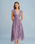 Women's Woven Polyester  Midi Dress Purple Dresses - RIHOAS