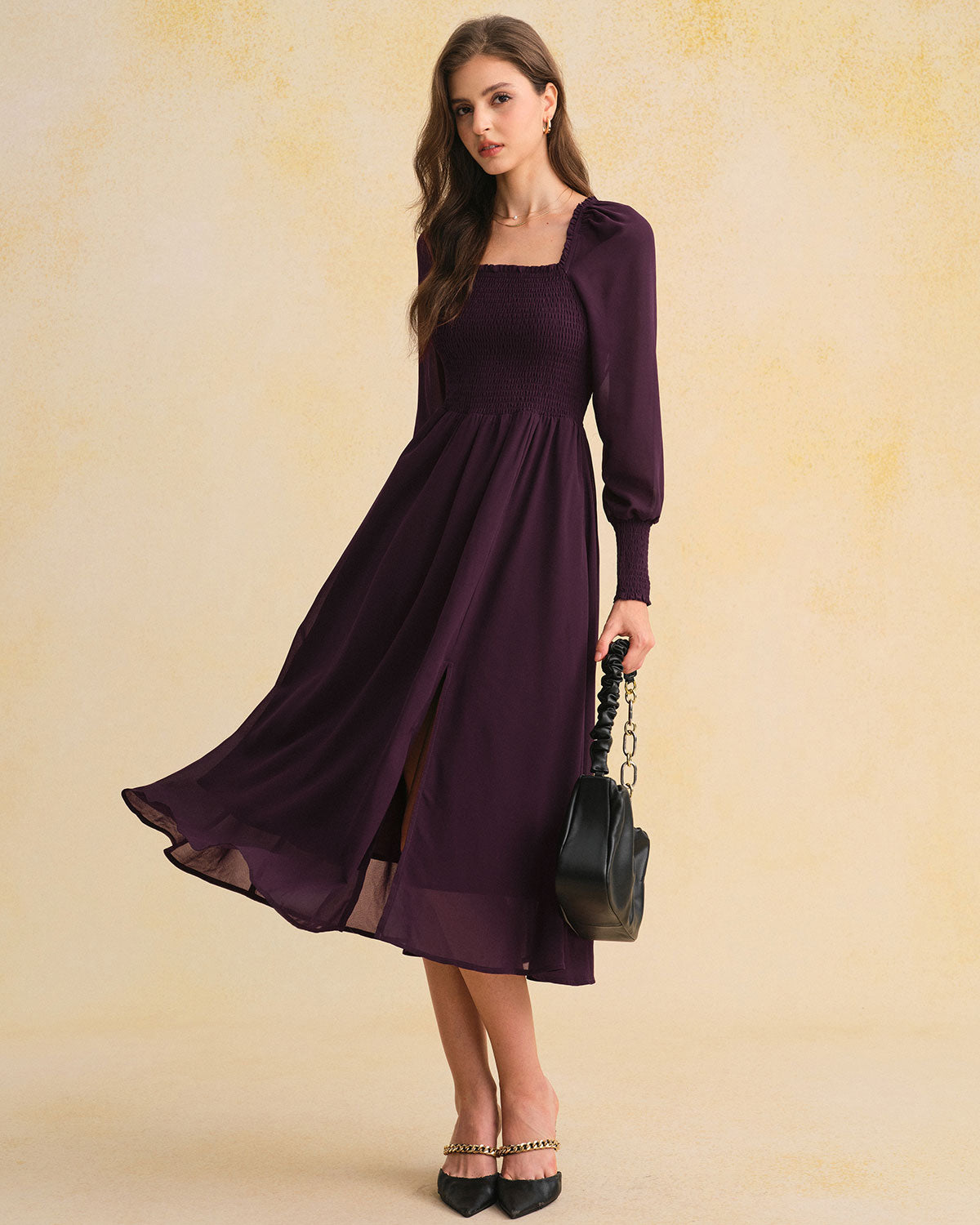 Rihoas Chiffon Shirred Lantern Sleeve Midi Dress, Purple / XS Rihoas Chiffon Shirred Lantern Sleeve Midi Dress, Purple / XS