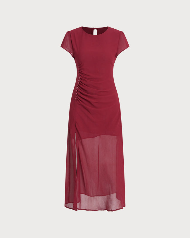 Women's Woven Polyester Midi Dress Red Dresses - RIHOAS