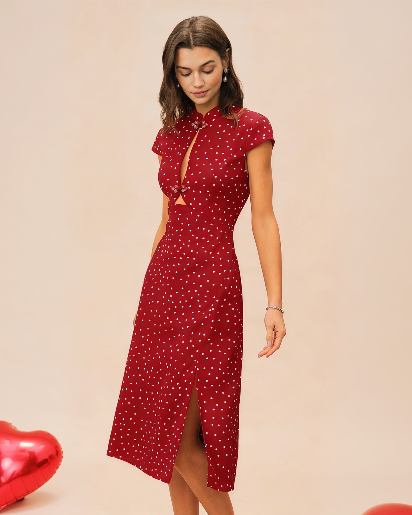 Rihoas Polka Dot Mandarin Collar Midi Dress Rihoas Polka Dot Mandarin Collar Midi Dress