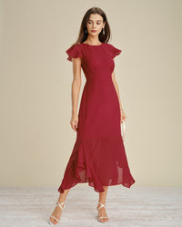 Women's Woven Polyester Midi Dress Red Dresses - RIHOAS
