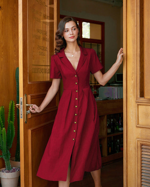 knee length dresses for ladies Red A-Line Pleated Button Midi Dress & Reviews - Red - Dresses