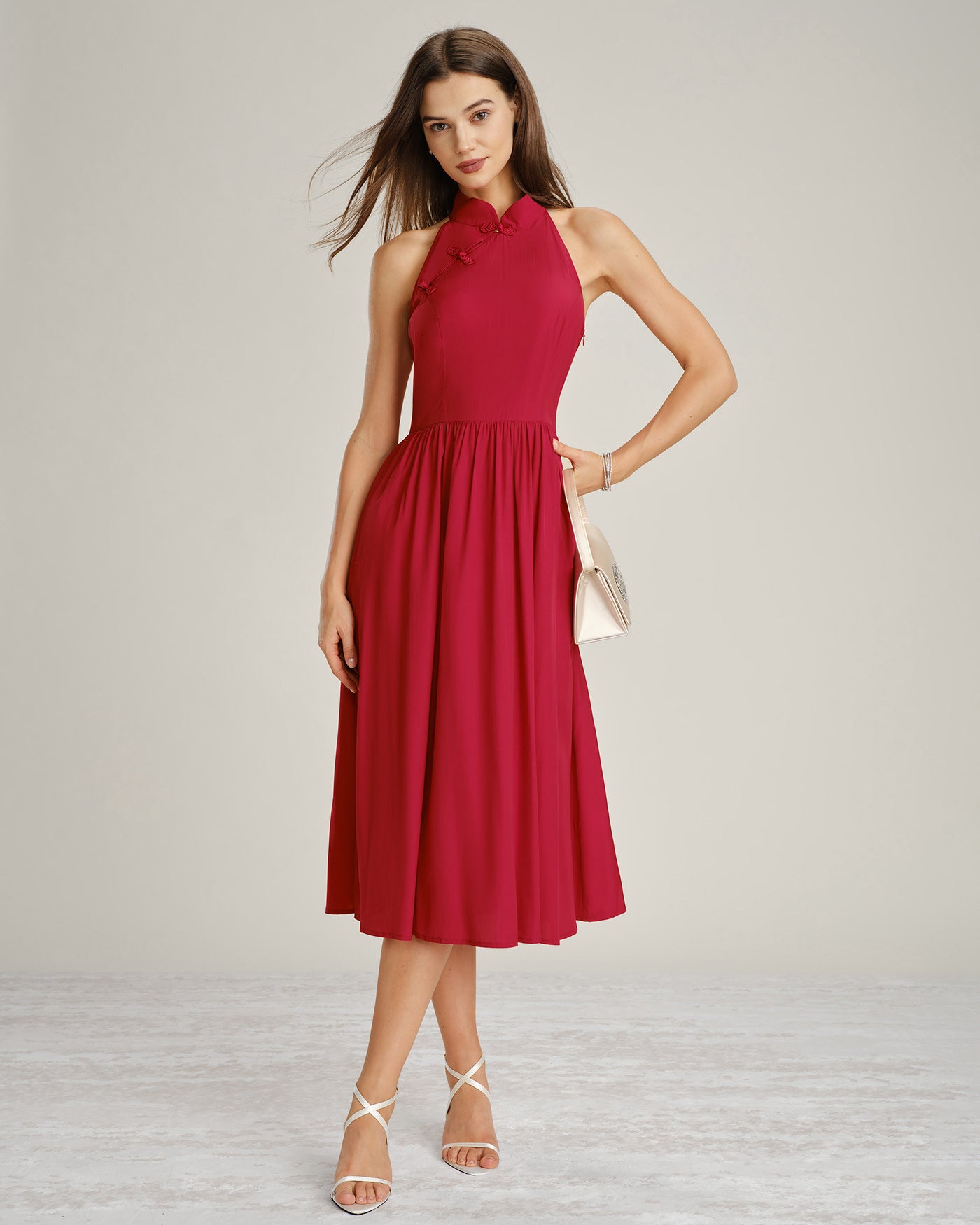 red dress with white collar Red Mandarin Collar Pockets Midi Dress & Reviews - Red - Dresses