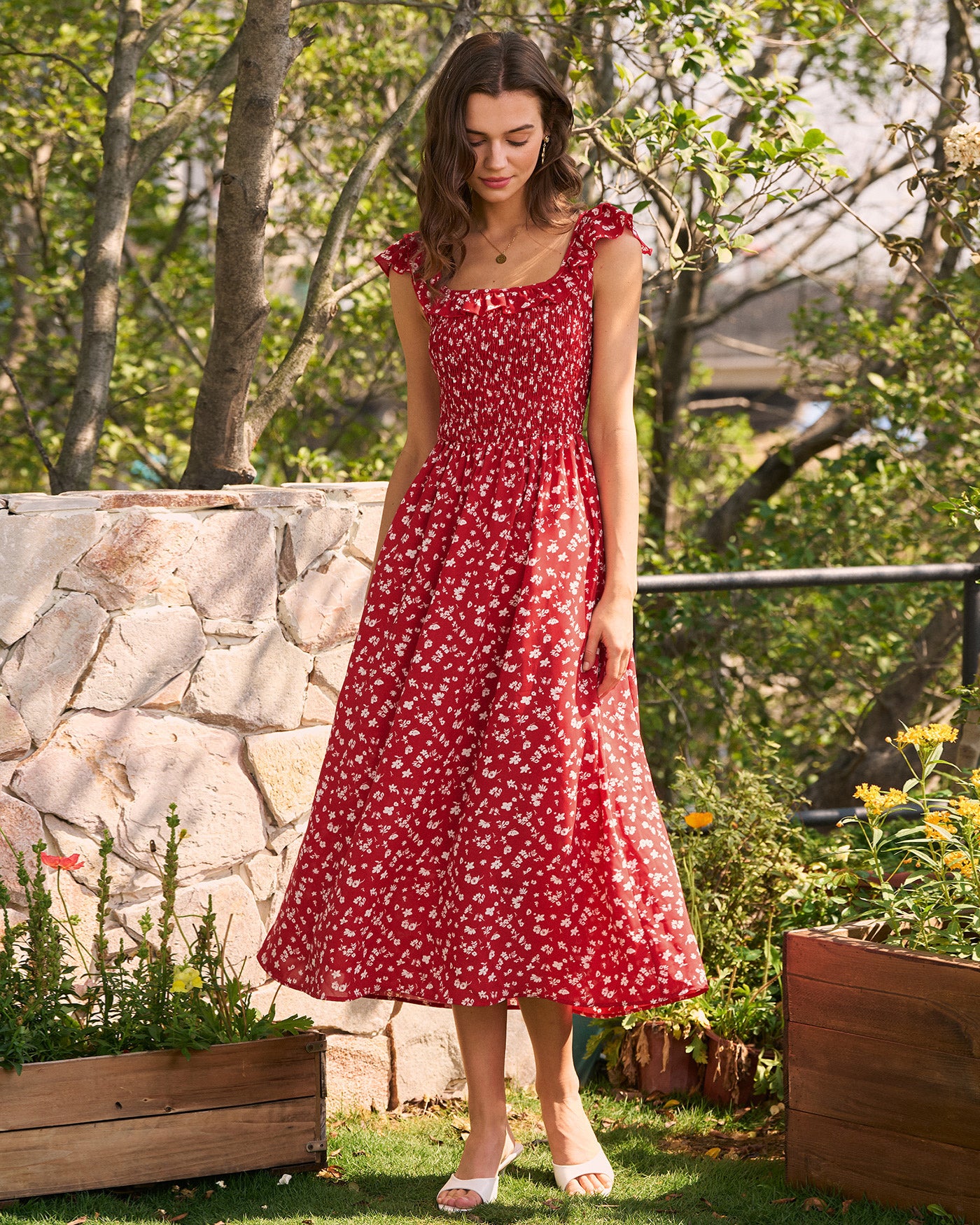 Red Square Neck Floral Midi Dress