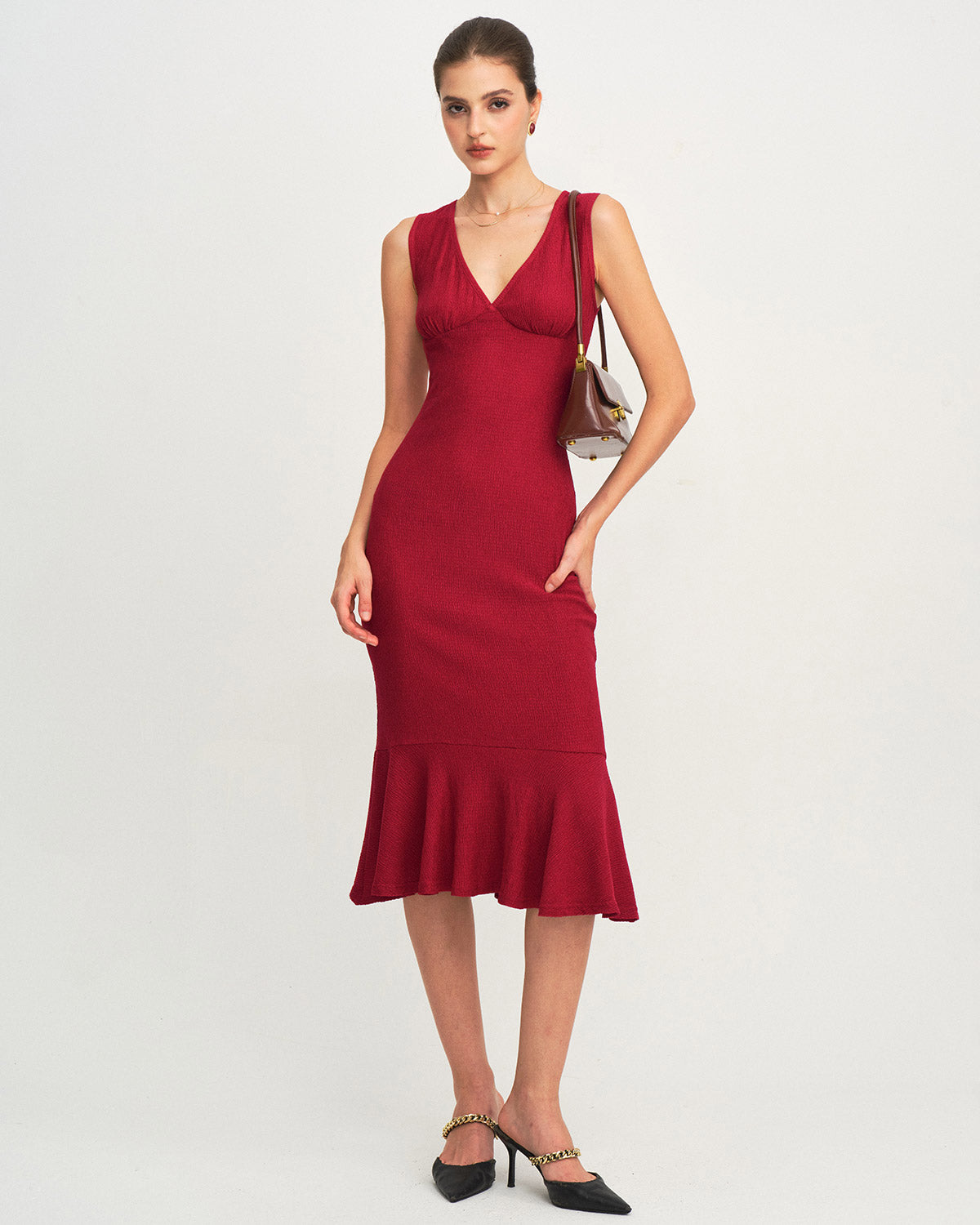 Women's Woven Polyester Midi Dress Red Dresses - RIHOAS