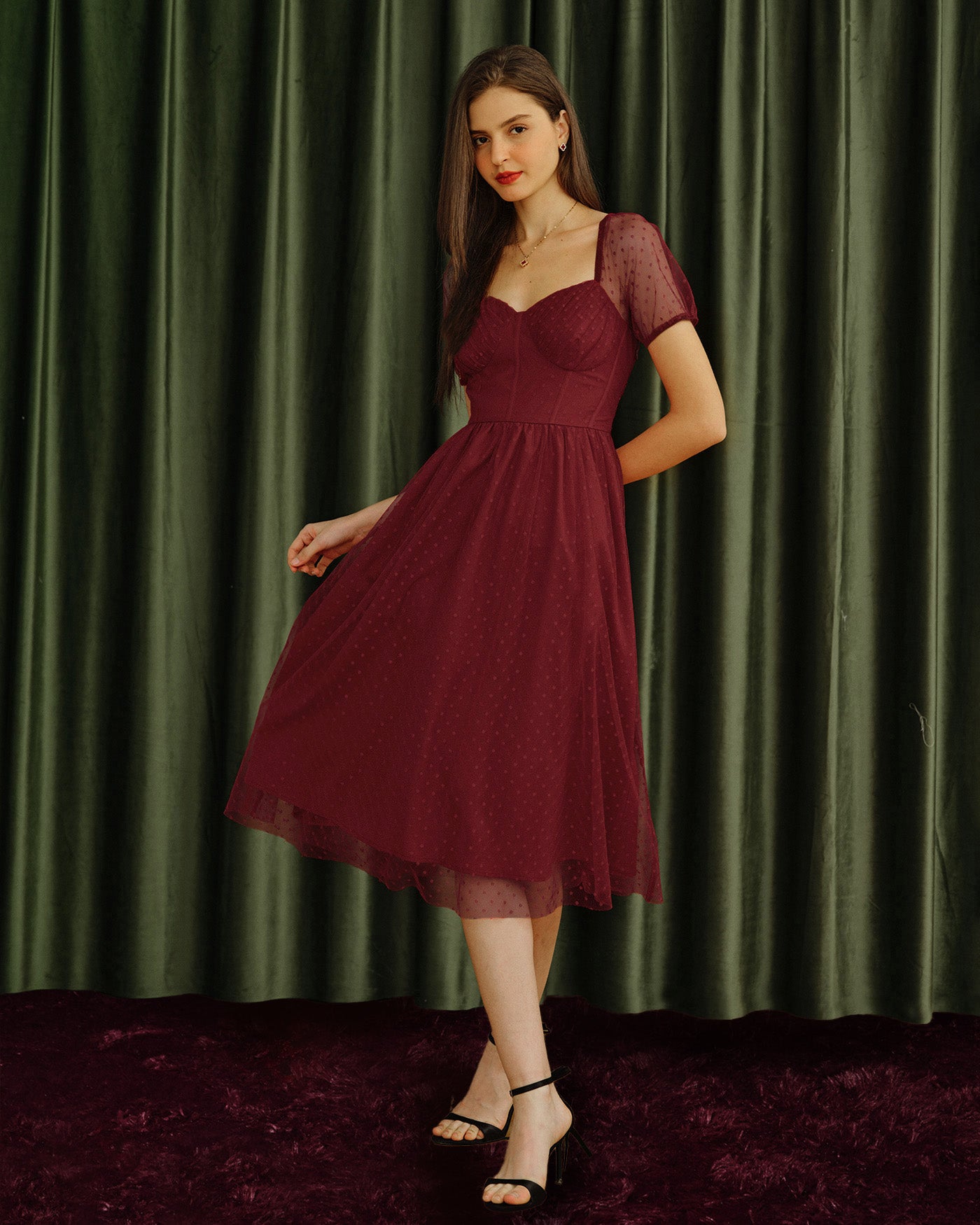 Women's Woven Polyester Midi Dress Red Dresses - RIHOAS