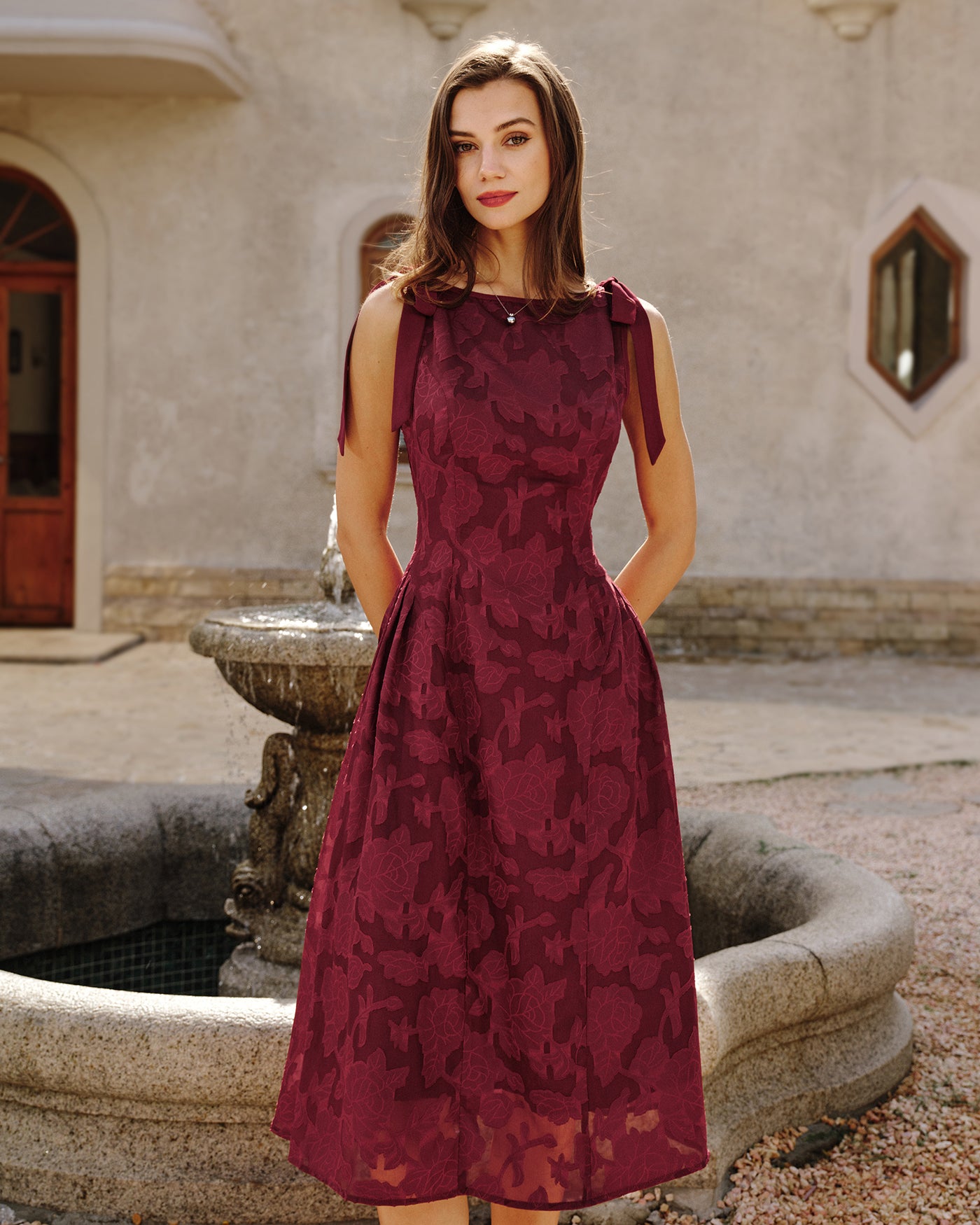 Rihoas Jacquard Chiffon Sleeveless Wide Strap Midi Dress, Red / L