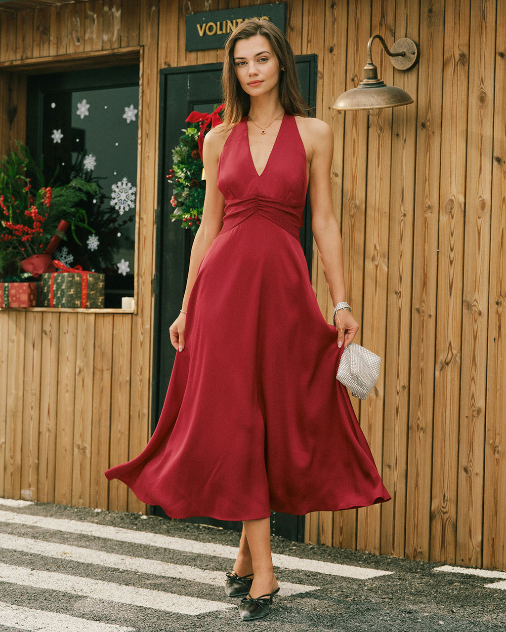 Women's Woven Polyester Midi Dress Red Dresses - RIHOAS