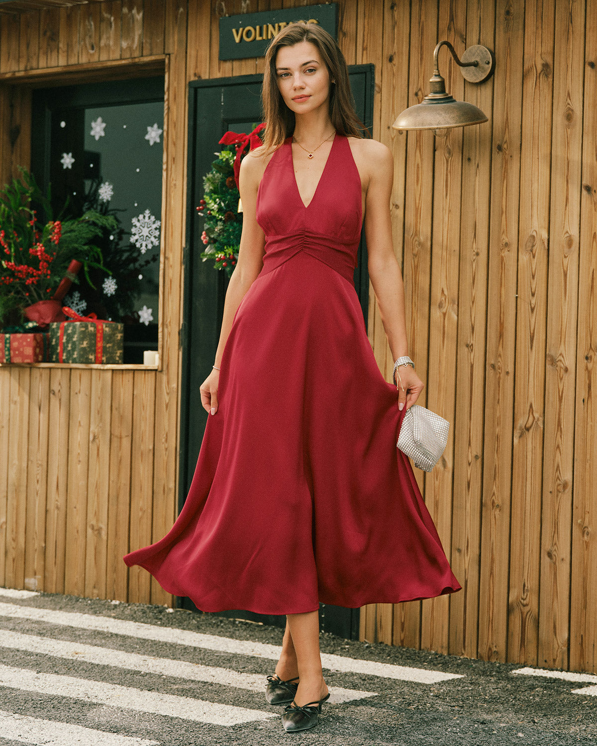 Women's Woven Polyester Midi Dress Red Dresses - RIHOAS