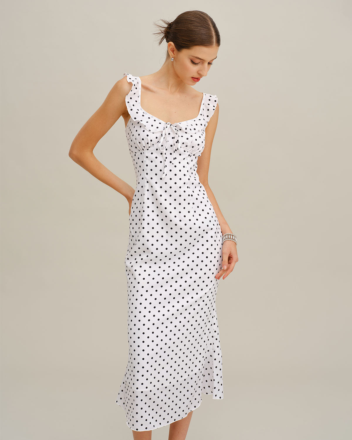 Rihoas Women's Polka Dot Ruffle Midi Dress, White / L Rihoas Women's Polka Dot Ruffle Midi Dress, White / L
