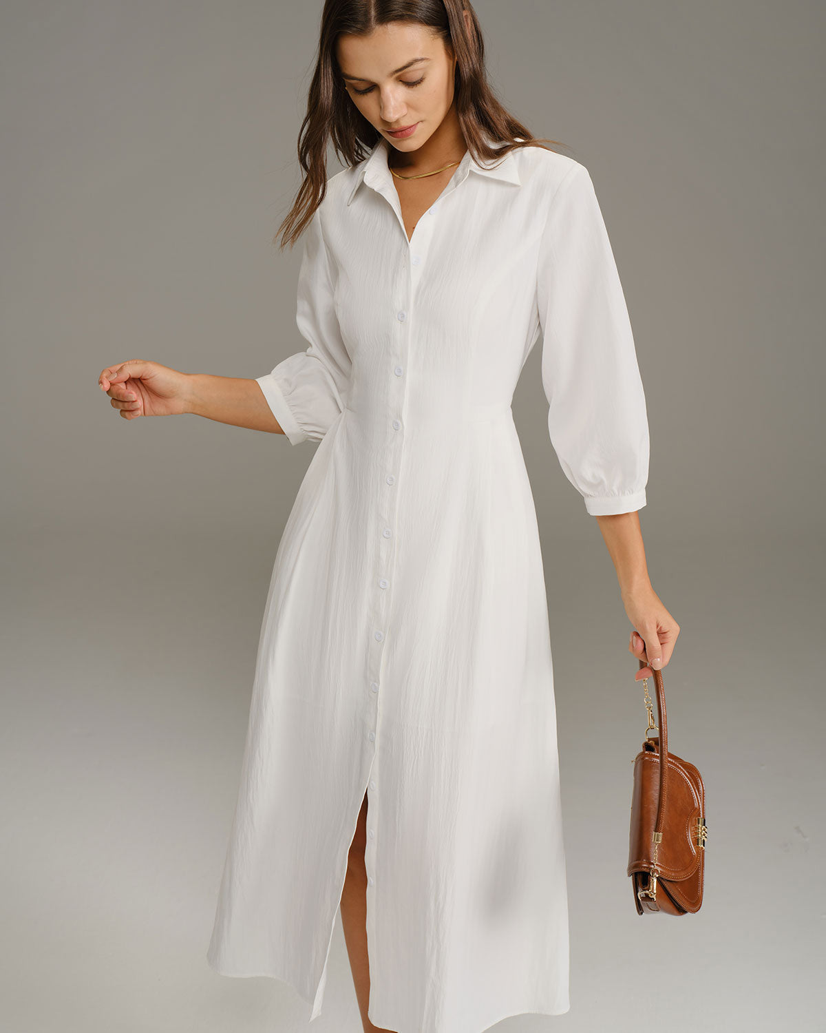 Women's Woven Polyester Midi Dress White Dresses - RIHOAS