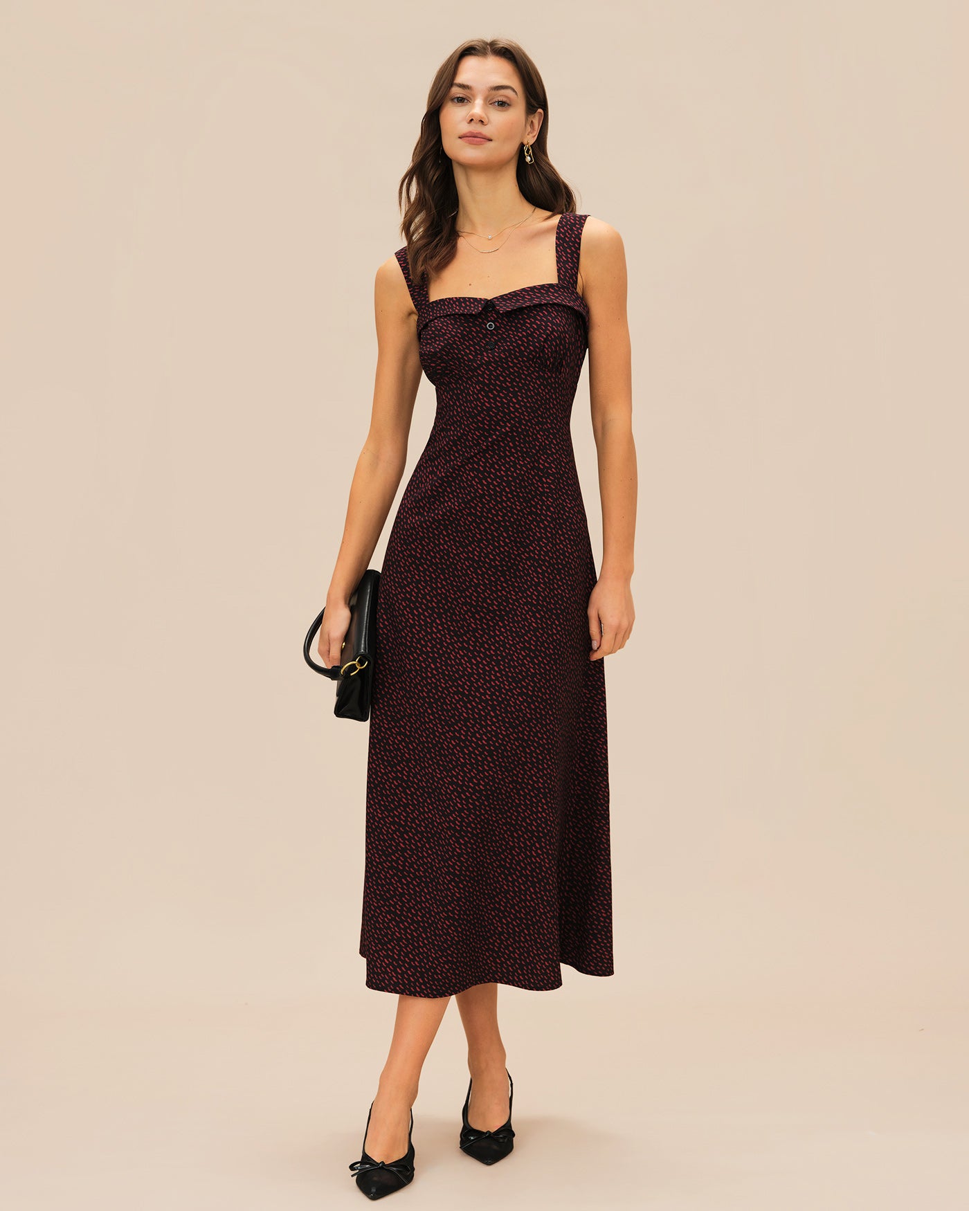 Women's Woven Polyester Midi Dress Wine Red Dresses - RIHOAS