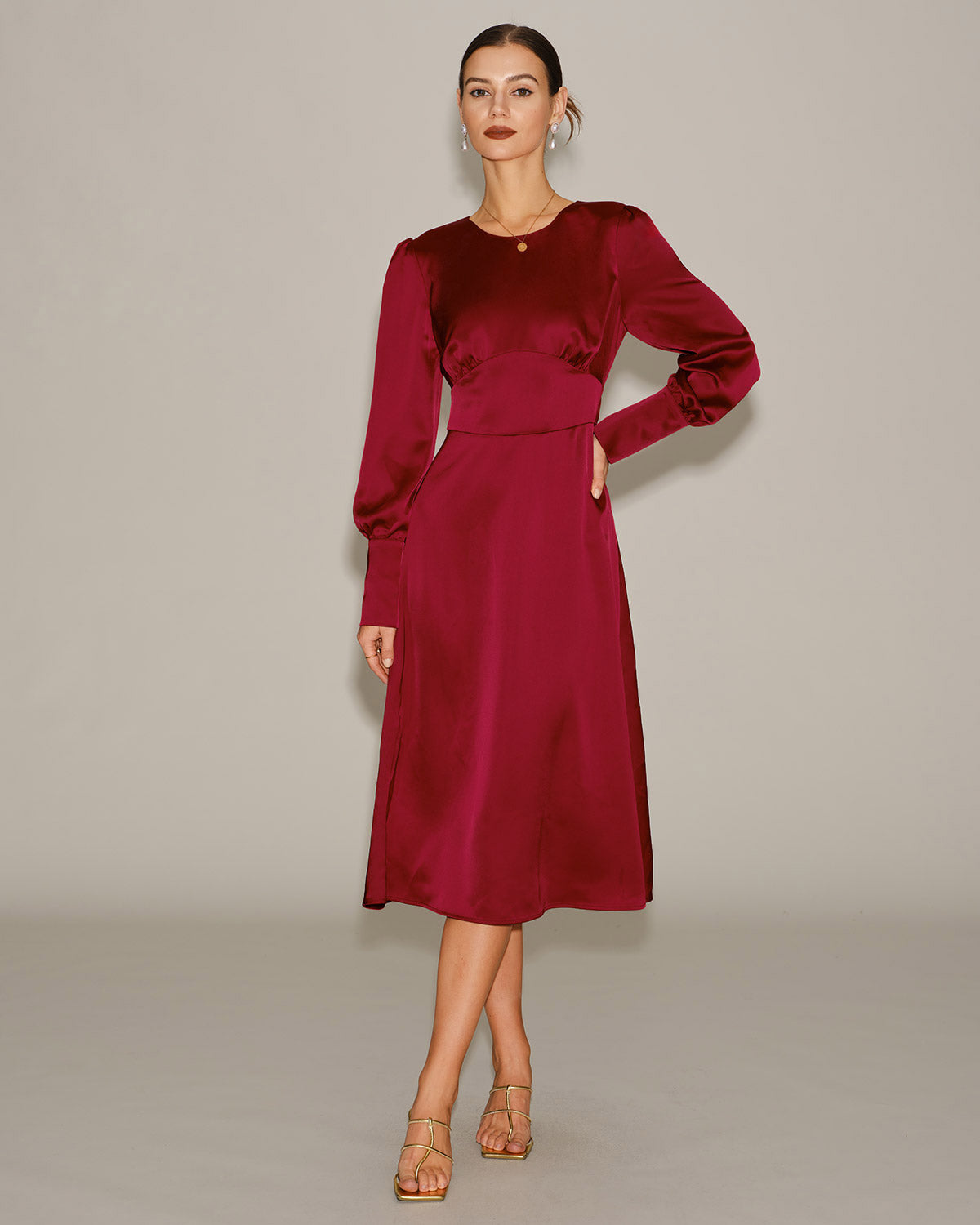 Women's Woven Polyester Midi Dress Wine Red Dresses - RIHOAS