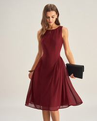 Women's Woven Polyester Midi Dress Wine Red Dresses - RIHOAS