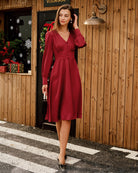 Women's Woven Polyester Midi Dress Wine Red Dresses - RIHOAS