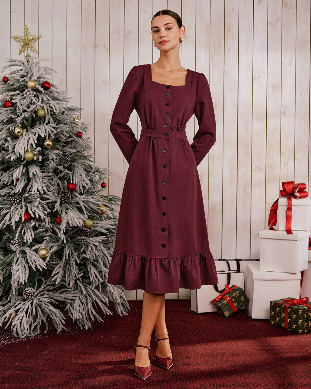 Women's Woven Polyester Midi Dress Wine Red Dresses - RIHOAS