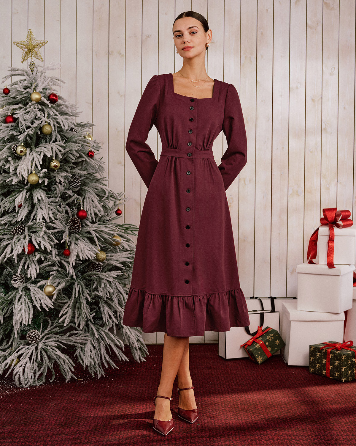 Women's Woven Polyester Midi Dress Wine Red Dresses - RIHOAS