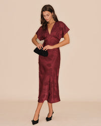 Women's Woven Polyester Midi Dress Wine Red Dresses - RIHOAS
