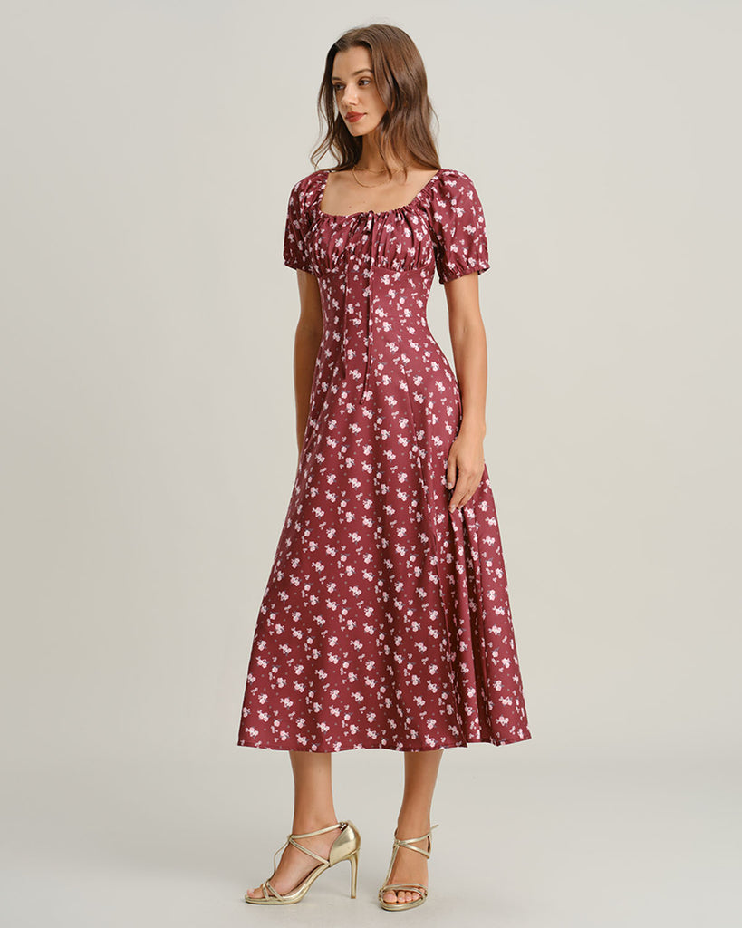 Women's Woven Polyester Midi Dress Wine Red Dresses - RIHOAS