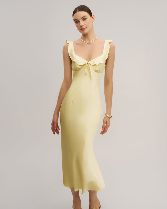 Women's Woven Polyester Midi Dress Yellow Dresses - RIHOAS