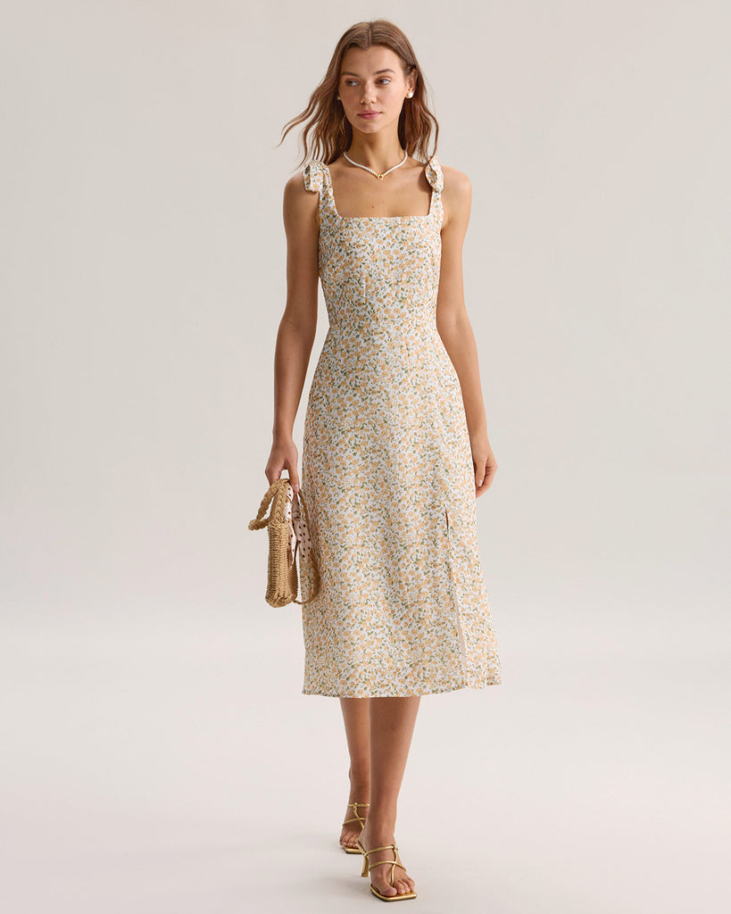 Women's Woven Polyester Midi Dress Yellow Dresses - RIHOAS