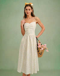 Women's Woven Polyester Midi Dress Yellow Dresses - RIHOAS