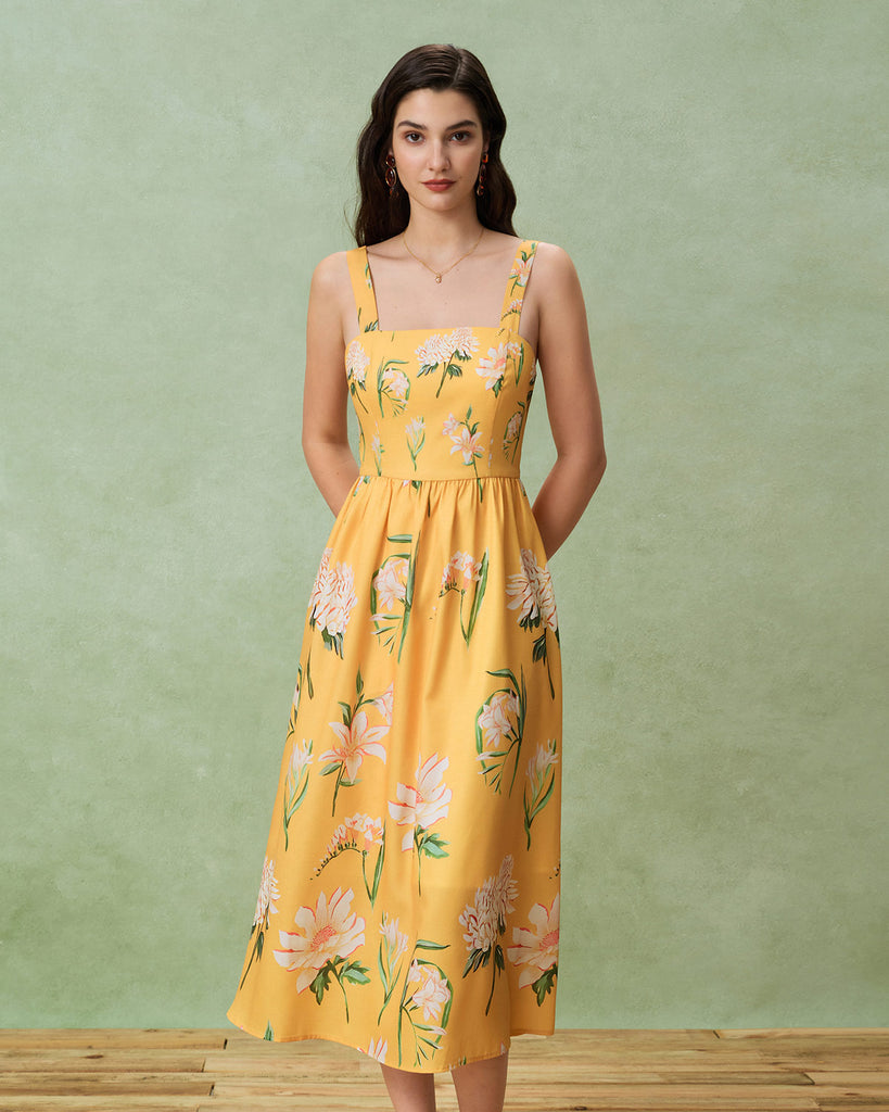 Women's Woven Polyester Midi Dress Yellow Dresses - RIHOAS