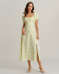 Women's Woven Polyester Midi Dress Yellow Dresses - RIHOAS