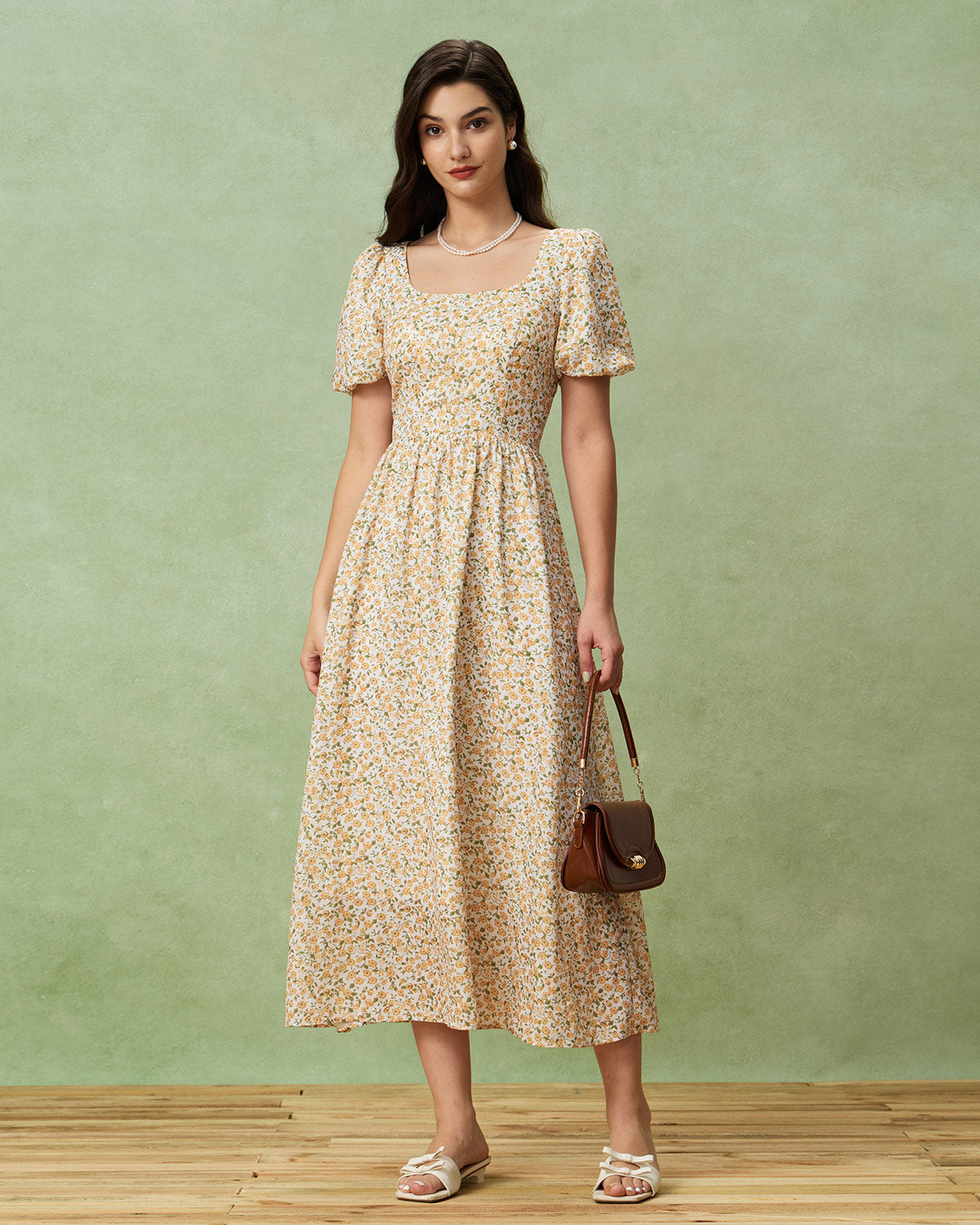 Yellow Floral Puffed Sleeve Midi Dress