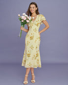 Women's Woven Polyester Midi Dress Yellow Dresses - RIHOAS