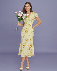 Women's Woven Polyester Midi Dress Yellow Dresses - RIHOAS