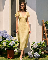 Women's Woven Polyester Midi Dress Yellow Dresses - RIHOAS